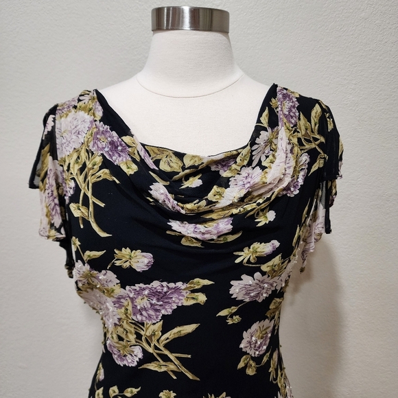 Vintage Y2K Maxi Dress Dark Floral Beading Drape Neck Bodycon Scoop Back size M - Picture 2 of 11